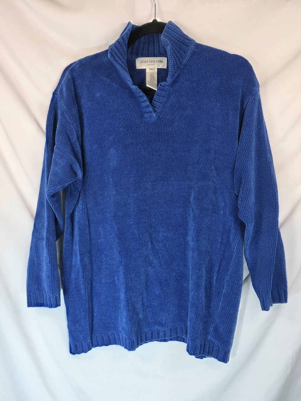 Vintage Jones New York Sport Chenille Sweater Sz M Blue Ribbed Collared Velvety